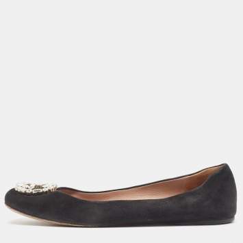 Pre Owned Gucci Black Suede Interlocking G Logo Ballet Flats Size 38.5