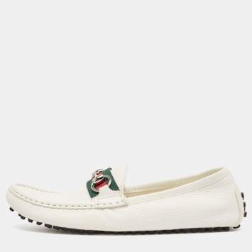 Pre Owned Gucci White Leather Horsebit Web Detail Loafers Size 37