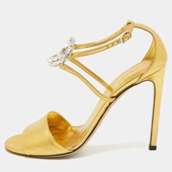 Pre Owned Gucci Gold Leather Interlocking G Crystal Embellished  Ankle Sandals Size 39.5