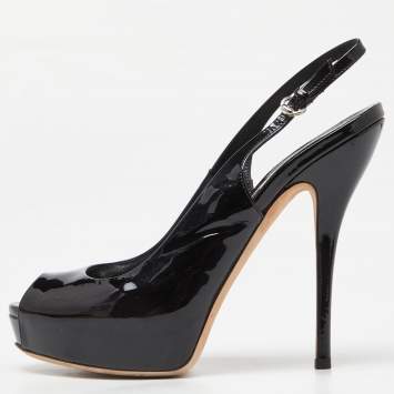 Pre Owned Gucci Black Patent Leather Peep Toe Slingback Sandals Size 38