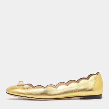 Pre Owned Gucci Gold Scalloped Leather Interlocking G Faux Pearl Ballet Flats Size 36