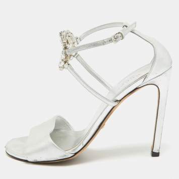 Pre Owned Gucci Silver Leather Crystal Embellished GG Logo Ankle Strap Sandals Size 37.5