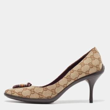 Pre Owned Gucci Beige/Brown GG Crystal Canvas Web Bow Pumps Size 40