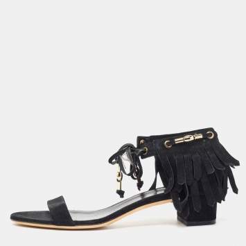 Pre Owned Gucci Black Suede Fringe Ankle Strap Sandals Size 39