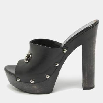 Pre Owned Gucci Black Leather Horsebit Open Toe Clogs Size 39.5