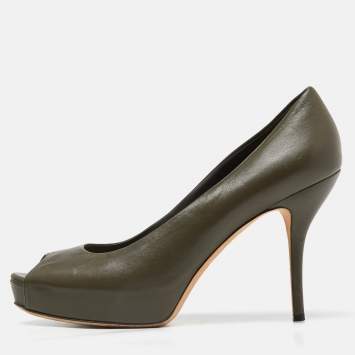Pre Owned Gucci Olive Green Leather Peep Toe Platform Pumps Size 40.5