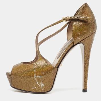 Pre Owned Gucci Gold Texture Leather Ankle Strap Peep Toe  Sandals Size 36.5