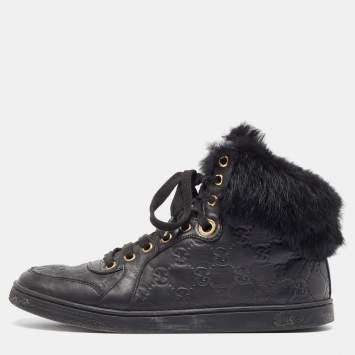 Pre Owned Gucci Black Guccissima Leather and Fur Trim Cada High Top Sneakers Size 38.5