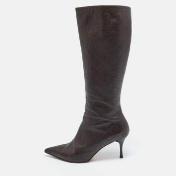 Pre Owned Gucci Brown Guccissima Leather Pointed Toe Knee Length Boots Size 40