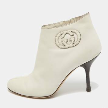 Pre Owned Gucci Cream Leather Interlocking GG Booties Size 37