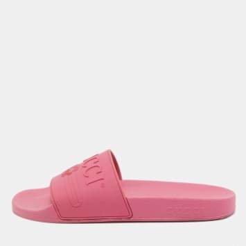 Pre Owned Gucci Pink Rubber Interlocking Logo Slides Size 39   