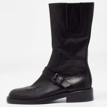 Pre Owned Gucci Black Leather Buckle Detail Mid Calf Boots Size 35.5