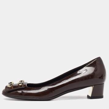 Pre Owned Gucci Brown Patent Leather Block Heel Pumps Size 35.5