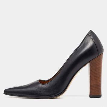 Pre Owned Gucci Black Leather Sqaure Toe Block Heel Pumps Size 38