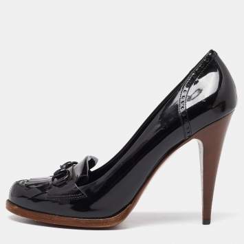 Pre Owned Gucci Black Brogue Patent Leather Horsebit Fringe Detail Loafer Pumps Size 40.5