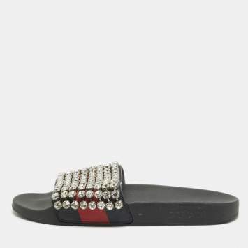 Pre Owned Gucci Multicolor Leather Sylvie Web Accent Flat Slides Size 39