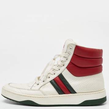 Pre Owned Gucci White/Red Leather New Praga Karibu Web High Top Sneakers Size 37.5