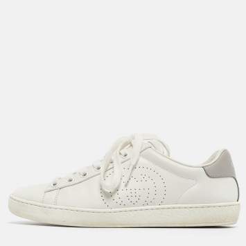 Pre Owned Gucci White/Grey Leather Interlocking Logo Lace Up Sneakers Size 36