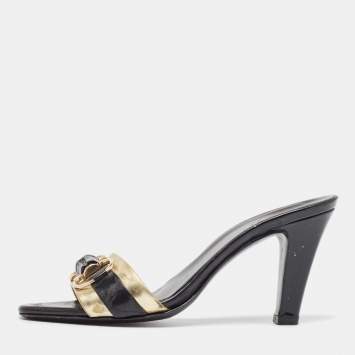 Pre Owned Gucci Black/Gold Leather Slip On Sandals Size 36