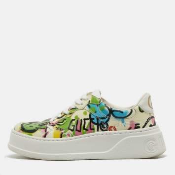 Pre Owned Gucci Multicolor Printed Leather Platform Sneakers Size 36