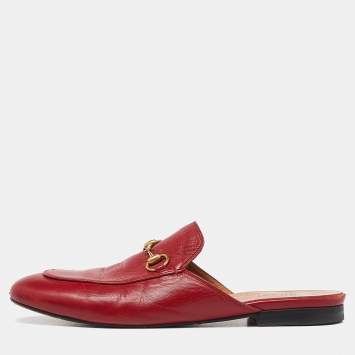 Pre Owned Gucci Red Leather Princetown Horsebit Flat Mules Size 39