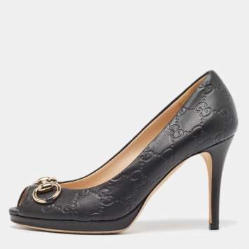 Pre Owned Gucci Black Guccissima Leather Horsebit Peep Toe Pumps Size 36