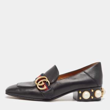 Pre Owned Gucci  Black Leather Double GG Slip On Loafers Size 36    