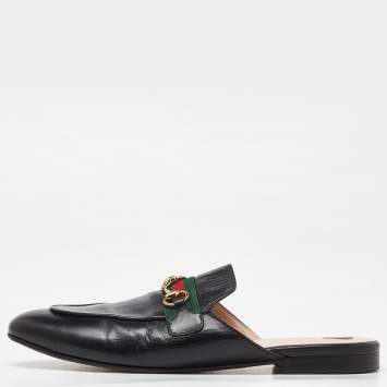 Pre Owned Gucci Black Leather Princetown Horsebit Flat Mules Size 40.5