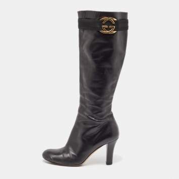 Pre Owned Gucci Black Leather Sukey Knee Length Boots Size 38