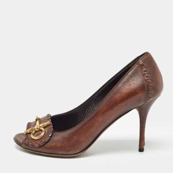 Pre Owned Gucci Brown Leather Horsebit Open Toe Pumps Size 37.5