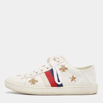 Pre Owned Gucci White Leather Star Ace Low Top Sneakers Size 34.5