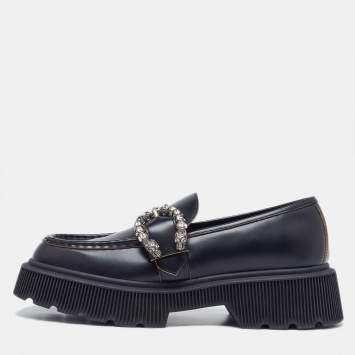 Pre Owned Gucci Black Leather Dionysus Accent Platform Loafers Size 40