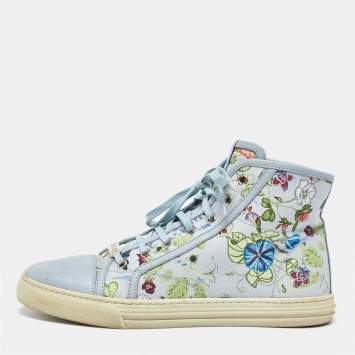 Pre Owned Gucci Grey Leather and Floral Print Canvas High Top Sneakers Size 39