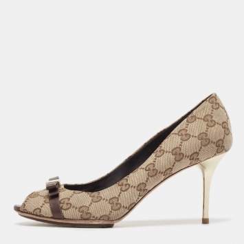Pre Owned Gucci Beige/Brown Canvas and Leather  Peep Toe Pumps Size 39