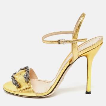 Pre Owned Gucci Gold Leather Dionysus Ankle Strap Sandals Size 39