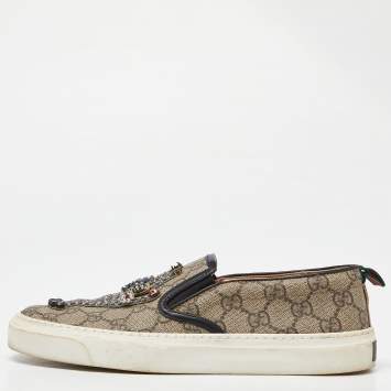 Pre Owned Gucci Beige GG Supreme Canvas and Leather Slip On Sneakers Size 37