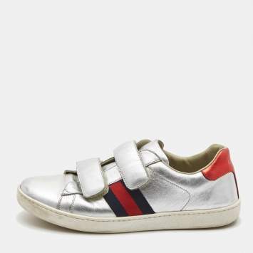 Pre Owned Gucci Silver Leather Ace Web Low Top Sneakers Size 36