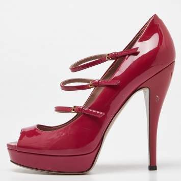 Pre Owned Gucci Pink Patent Leather Buckle Strappy Peep Toe Platform Pumps Size 40