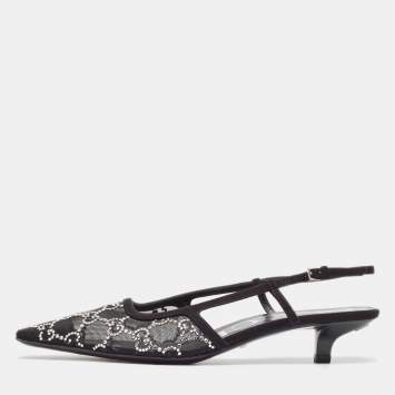 Pre Owned Gucci Black Mesh and Suede GG Crystal Slingback Pumps Size 36.5