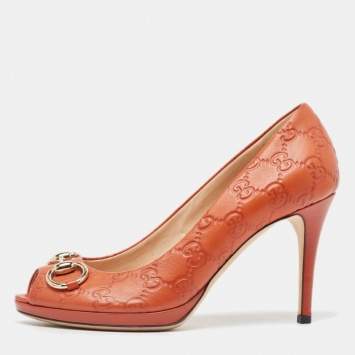 Pre Owned Gucci Brown Guccissima Leather Open Toe Pumps Size 37.5