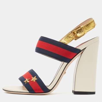 Pre Owned Gucci Gold Leather and Grosgrain Web Aline Sandals Size 38