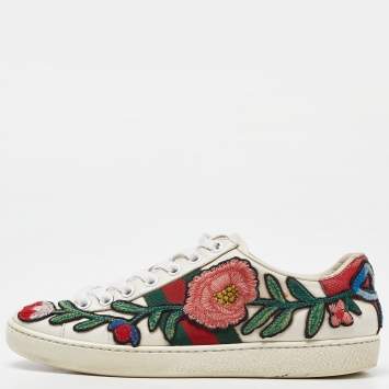 Pre Owned Gucci White Leather Floral Embroidered Ace Sneakers Size 35
