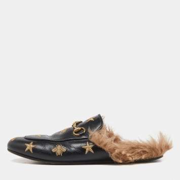 Pre Owned Gucci Black Leather and Fur Lined Bee Star Embroidered Horsebit Princetown Flat Mules Size 37