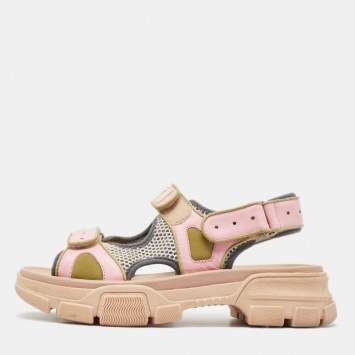 Pre Owned Gucci Pink/Green Leather Aguru Slingback Sandals Size 38