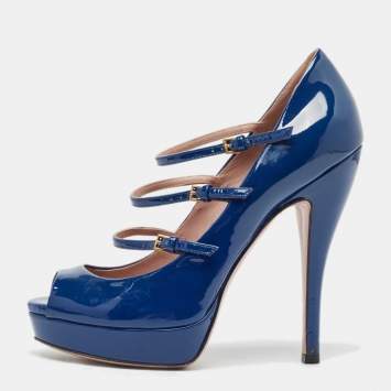 Pre Owned Gucci Blue Patent Leather Lisbeth Pumps Size 37.5