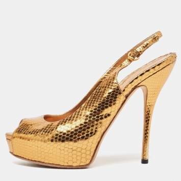 Pre Owned Gucci Metallic Embossed Snakeskin Sofia Peep Toe Singback Pumps Size 37.5