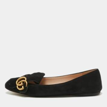 Pre Owned Gucci Black Suede Fringe Trim Accent Ballet Flats Size 38.5