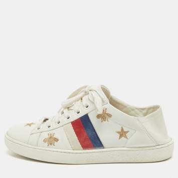 Pre Owned Gucci White Leather Star and Bee Embroidered Ace Sneakers Size 36