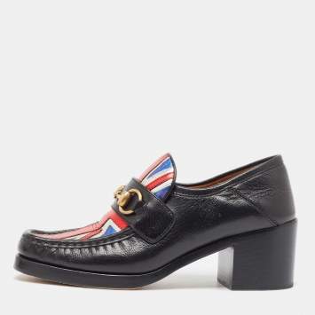 Pre Owned Gucci Black Leather Union Jack Horsebit Loafer Pumps Size 37