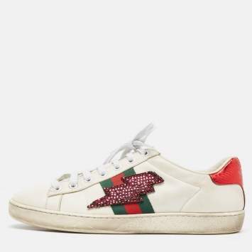 Pre Owned Gucci White Leather and Snakeskin Ace Sneakers Size 38